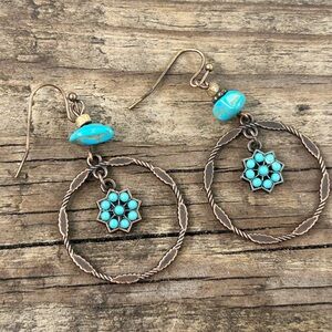 Turquoise Flower Hoop Dangle Earrings